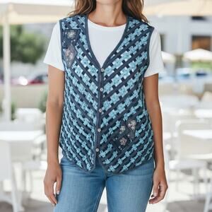 NAPA VALLEY Denim Vest SZ 1X Mixed Media Patches Open Weave Embroidery Western